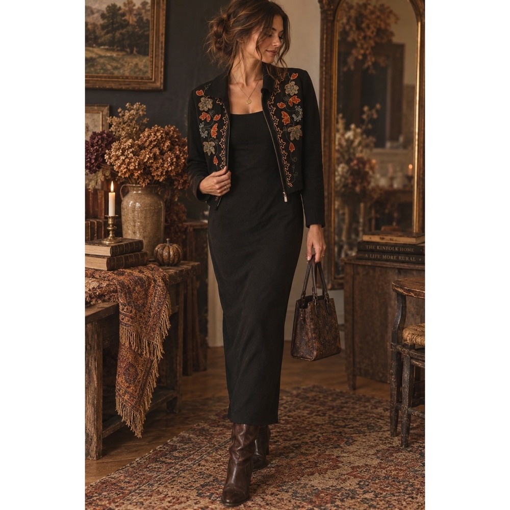 Carole Little Wmns Vtg Cottagecore Black  Dress Jacket Set Embroidered Floral S